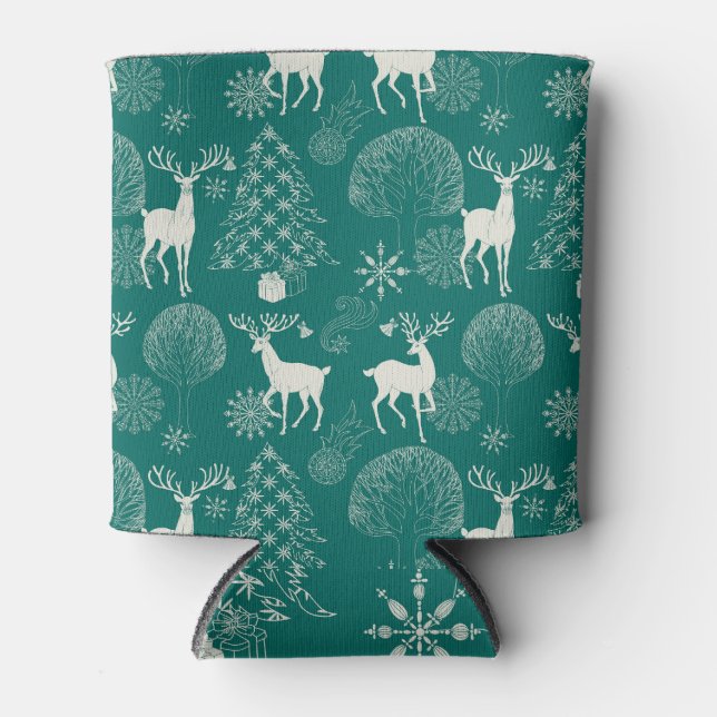 Festive red Christmas, winter forest. Can Cooler (Front)