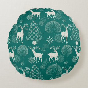 Festive red Christmas, winter forest. Round Cushion