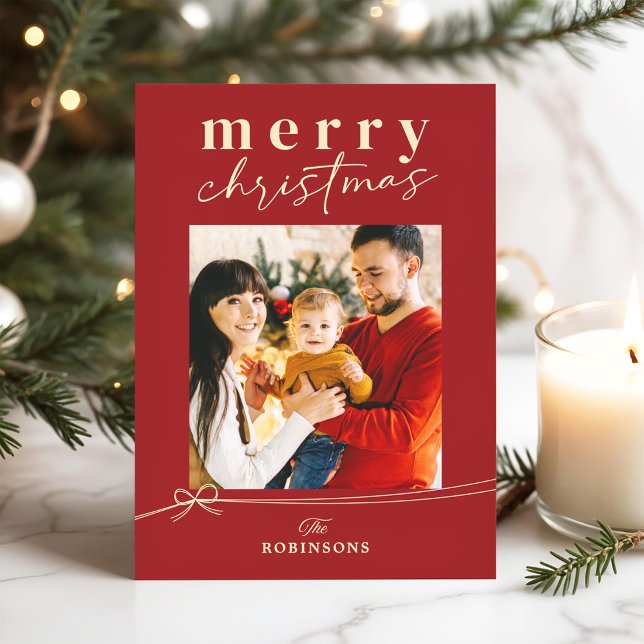Festive Red Coquette Bow Merry Christmas Photo Holiday Card (Creator Uploaded)