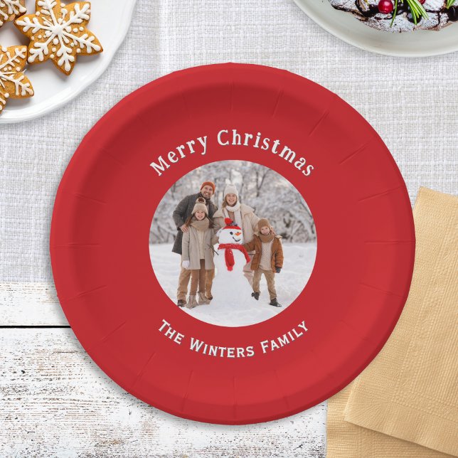Festive Red Custom Photo Christmas Paper Plate (A festive red paper plate with 'Merry Christmas' greeting, custom photo and family name)