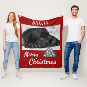 Festive Red Dog Pet Photo Christmas Tree Fleece Blanket