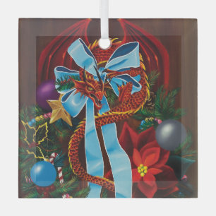 Festive Red Dragon Blue Ribbon Christmas Wreath Glass Tree Decoration