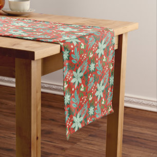Festive Red Floral Christmas Pattern Short Table Runner