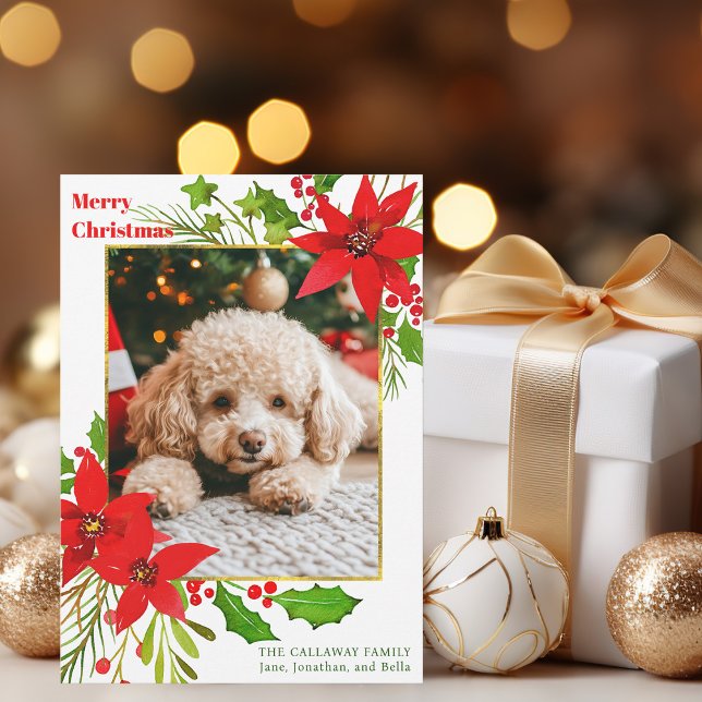 Festive Red Floral Dog Photo Christmas Poinsettia Holiday Card (Creator Uploaded)