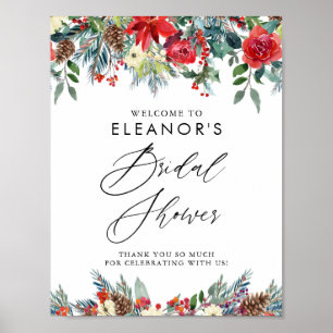 Festive Red Floral Garland Bridal Shower Welcome Poster