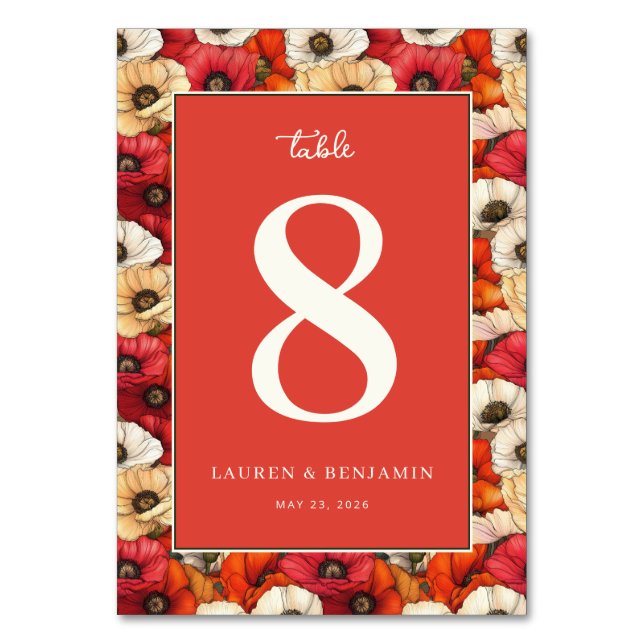 Festive Red Floral Poppies Table Number (Front)