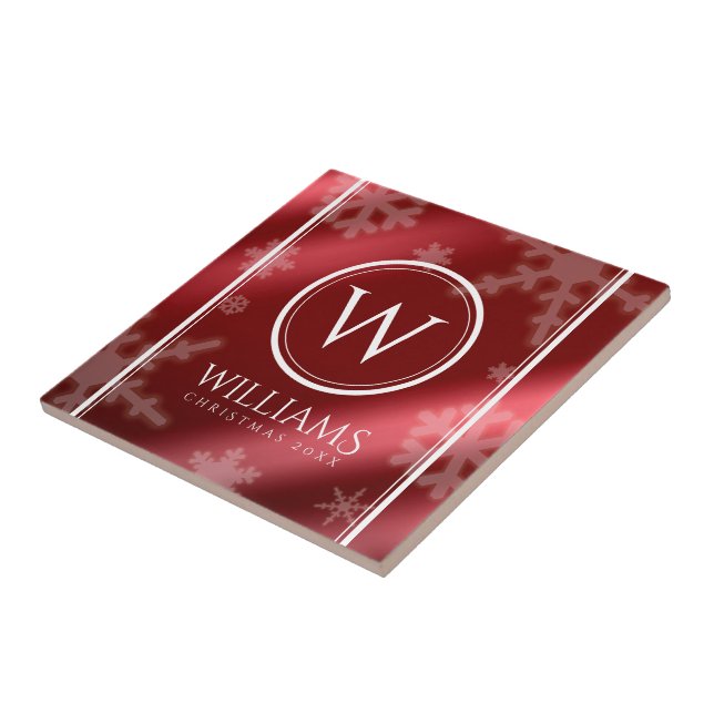Festive Red Foil Snowflakes Monogram Name Ceramic Tile (Side)