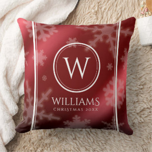 Festive Red Foil Snowflakes Monogram Name Cushion