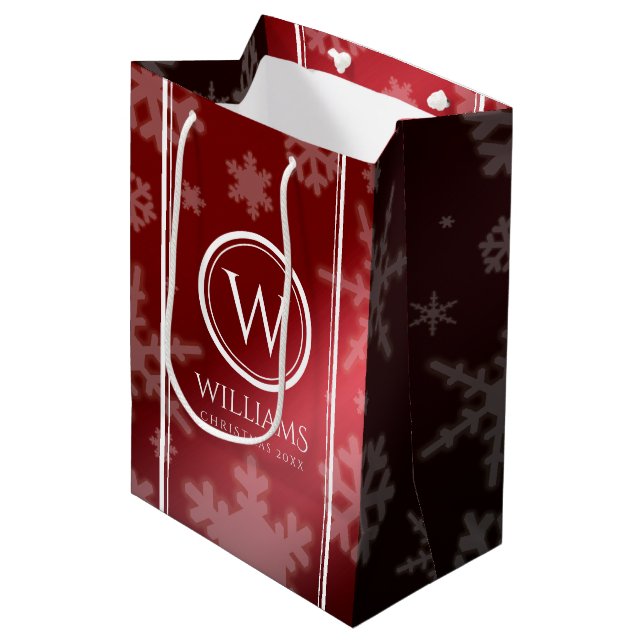 Festive Red Foil Snowflakes Monogram Name Medium Gift Bag (Front Angled)