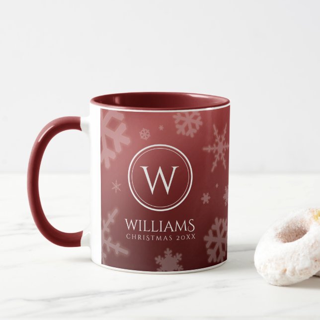 Festive Red Foil Snowflakes Monogram Name Mug (With Donut)