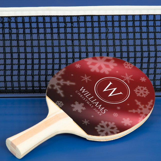 Festive Red Foil Snowflakes Monogram Name Ping Pong Paddle (Insitu)