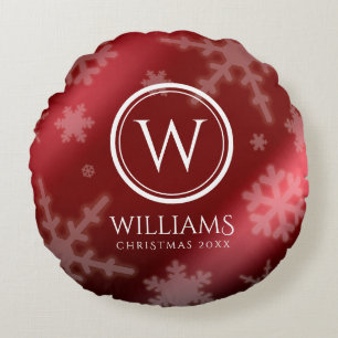 Festive Red Foil Snowflakes Monogram Name Round Cushion