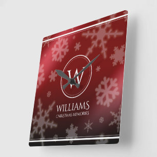 Festive Red Foil Snowflakes Monogram Name Square Wall Clock