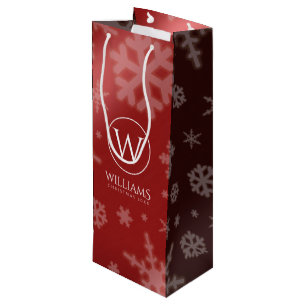 Festive Red Foil Snowflakes Monogram Name Wine Gift Bag
