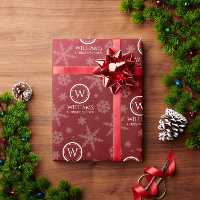 Festive Red Foil Snowflakes Monogram Name Wrapping Paper (Holiday Gift)