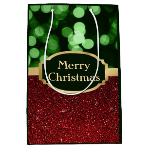 Festive Red Glitter and Green Bokeh Christmas Medium Gift Bag