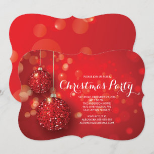 Festive Red Glitter Ornament Christmas Party Invitation