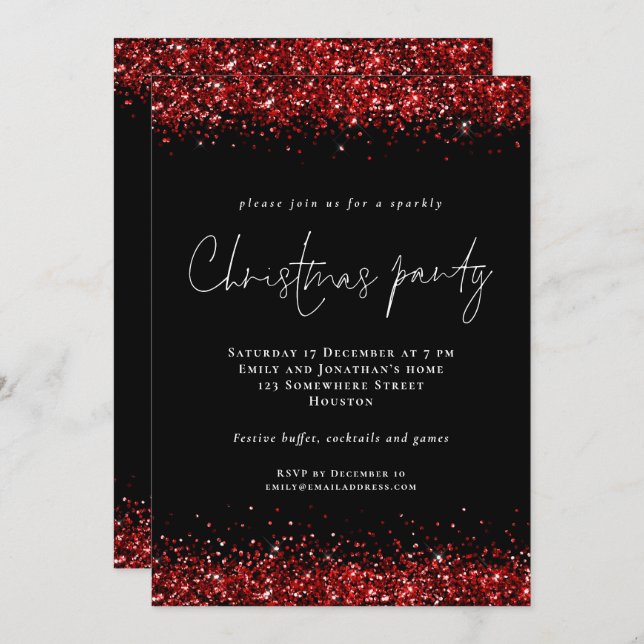 Festive Red Glitter Script Christmas Party Black Invitation (Front/Back)