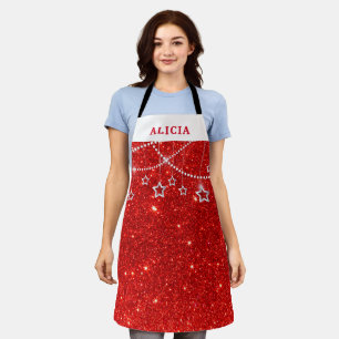 Festive Red Glitter & Stars Custom Name Apron