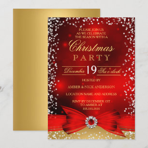 Festive Red Gold Bow Christmas Party Invitation
