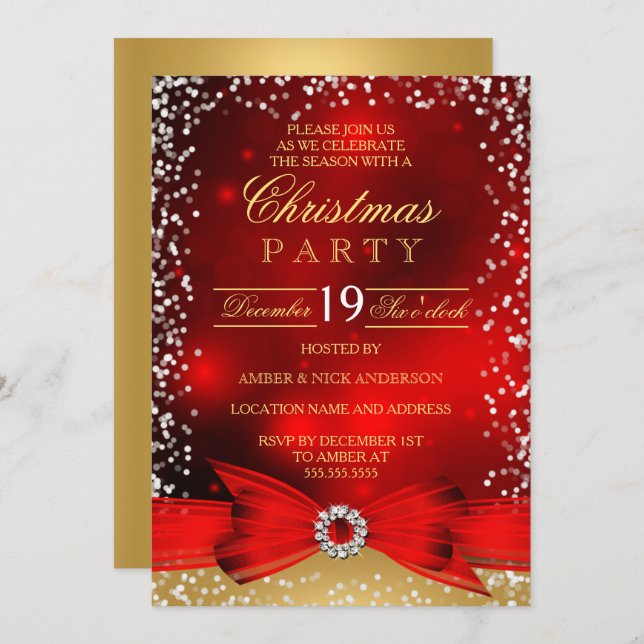 Festive Red Gold Bow Christmas Party Invitation (Front/Back)