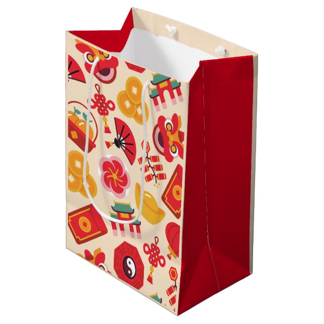 Festive Red Gold Chinese New Year Symbols Medium Gift Bag (Front Angled)