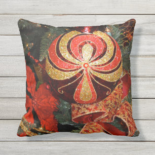 Festive Red Gold Christmas Ornament & Poinsettia Cushion