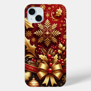 FESTIVE RED & GOLD CHRISTMAS SNOWFLAKES HOLLY iPhone 15 MINI CASE