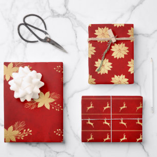 Festive Red & Gold Foil Winter Christmas Patterns  Wrapping Paper Sheet