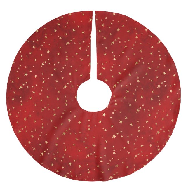 Festive Red & Gold Foil Winter Christmas Stars Brushed Polyester Tree Skirt (Front)