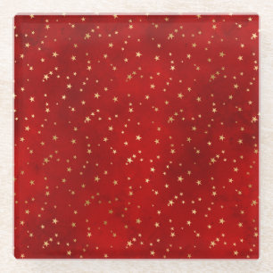 Festive Red & Gold Foil Winter Christmas Stars Glass Coaster