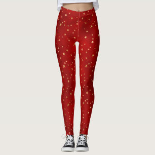 Festive Red & Gold Foil Winter Christmas Stars Leggings