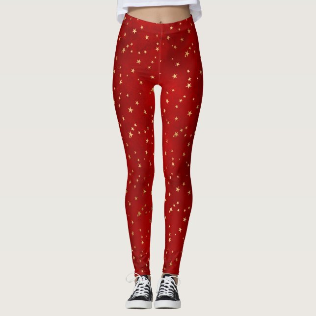 Festive Red & Gold Foil Winter Christmas Stars Leggings (Front)
