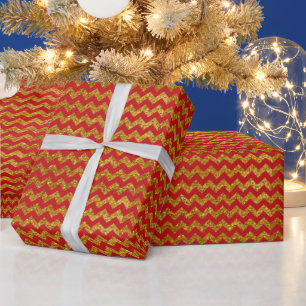 Festive red gold glitter modern chevron stripes  wrapping paper