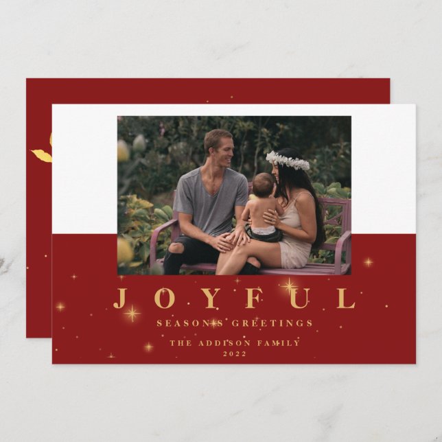 Festive Red & Gold Joyful Two Picture Christmas Holiday Card (Front/Back)