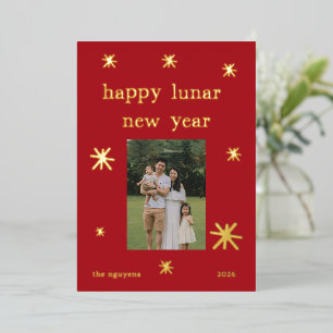 Festive Red Gold Lunar New Year Family Photo Foil Holiday Card
