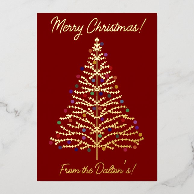 Festive Red & Gold Modern Christmas Tree Personal Foil Holiday Card (Front)