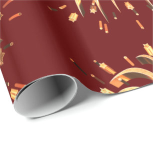 Festive Red Gold Stars Fireworks Elegant Christmas Wrapping Paper