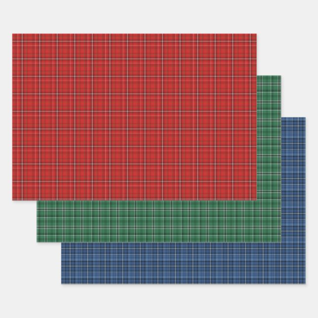 Festive Red, Green, and Blue Holiday Plaid Wrapping Paper Sheet (Set)