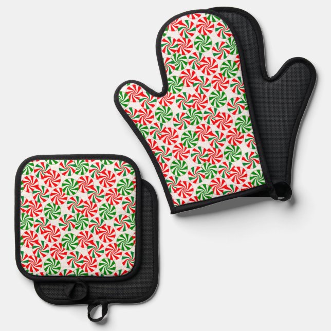 Festive Red Green Christmas Candy Cane Oven Mitt & Pot Holder Set (Front/Back)
