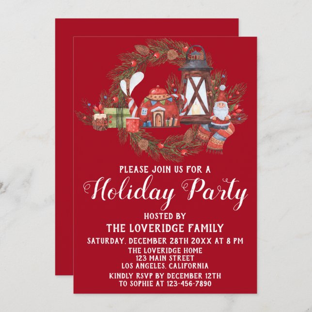 Festive Red & Green Christmas Scene Holiday Party Invitation (Front/Back)