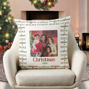 Festive Red Green Christmas Typography 1 Photo Cushion
