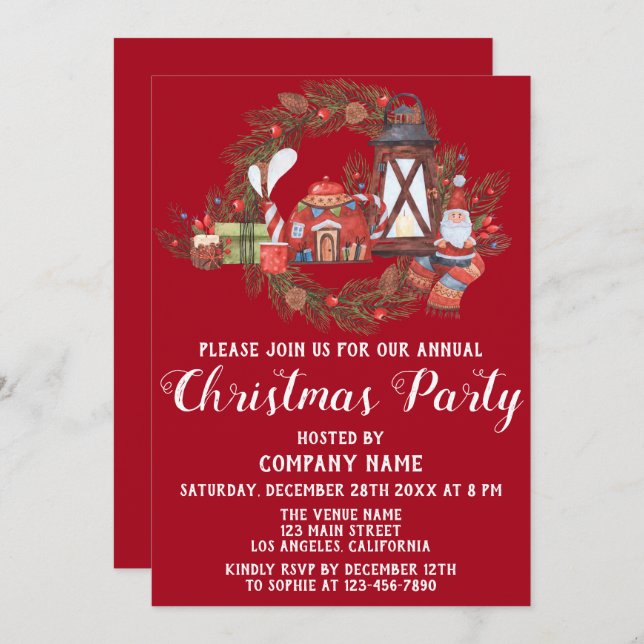 Festive Red Green Company Holiday Christmas Party Invitation (Front/Back)
