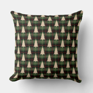 Festive Red, Green & Cream Plaid & Christmas Trees Cushion