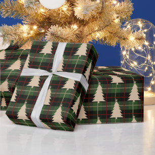 Festive Red, Green & Cream Plaid & Christmas Trees Wrapping Paper