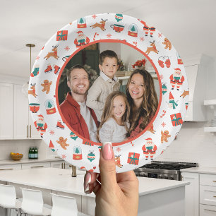 Festive Red Green Family Photo Christmas Paper Plate