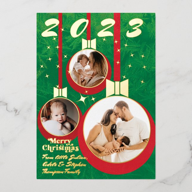 Festive Red Green First Christmas 3 Photo Collage Foil Holiday Card (Front)