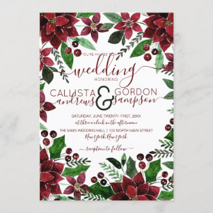 Festive Red Green Floral Ivy Watercolor Wedding Invitation