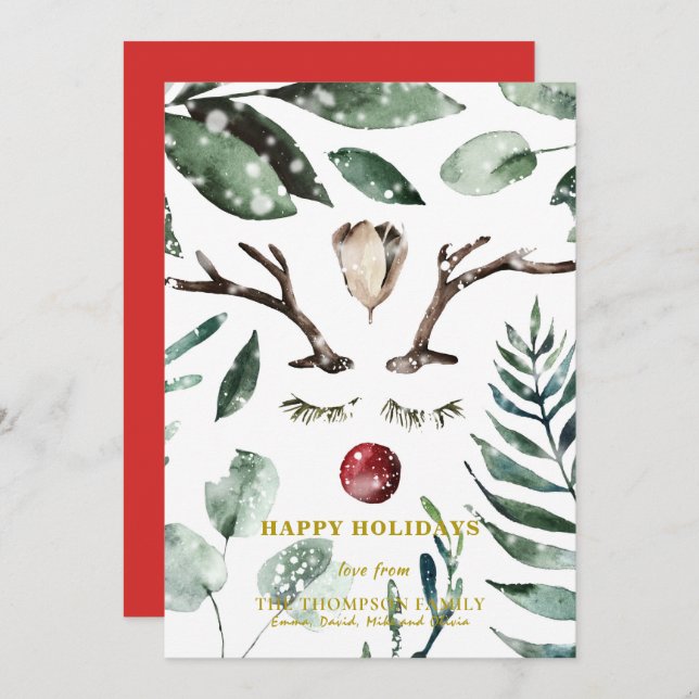 Festive Red Green Foliage Eucalyptus Magnolia  Holiday Card (Front/Back)