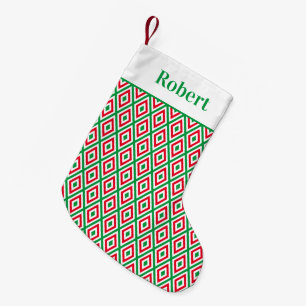 Festive Red Green Geometric Pattern with Name Small Christmas Stocking